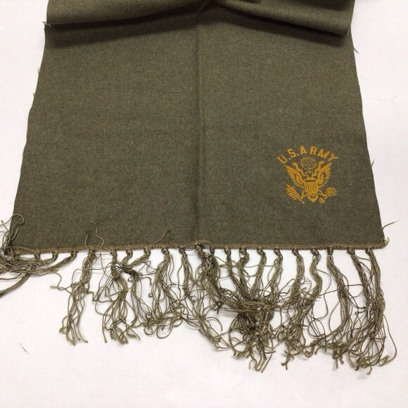 US Army Scarf Green Vintage Wool OG Military Emblem Logo Fringe Rare - Picture 5 of 6